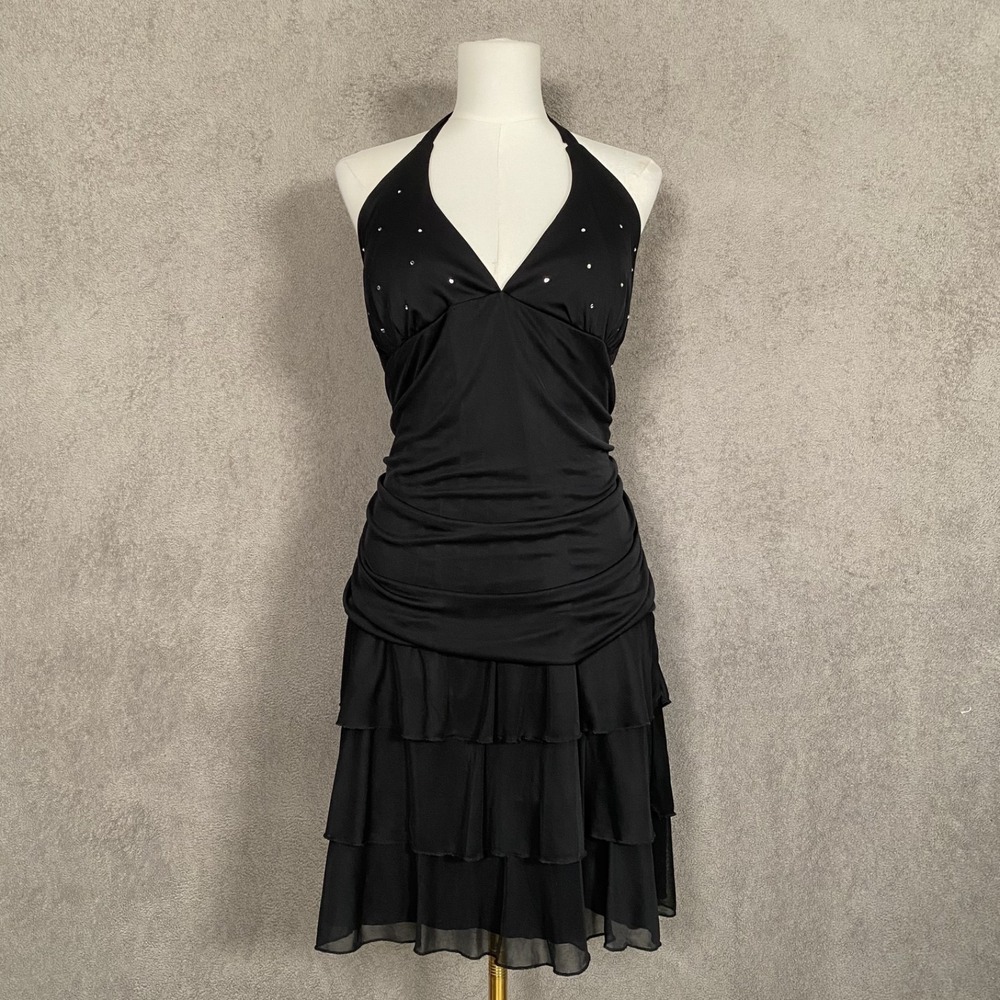 Vintage Y2K Taboo Babydoll Rhinestone Halter Tiered Ruffle Ruched Dress 3X Hoco